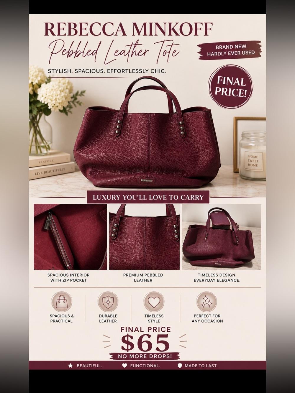Rebecca Minkoff Pebbled Leather Tote in Burgundy